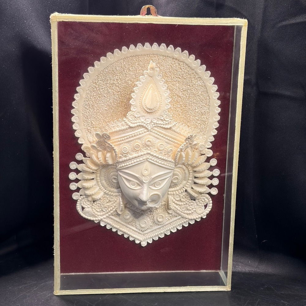 Handcrafted Shola Pith Durga Maa Face Sculpture Shadow Box Wall Art Decor